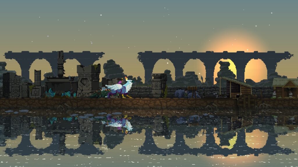 킹덤 투 크라운은 도트 그래픽이 아름다운 게임으로 캐릭터가 석양을 배경으로 그리폰을 달리고 있다.